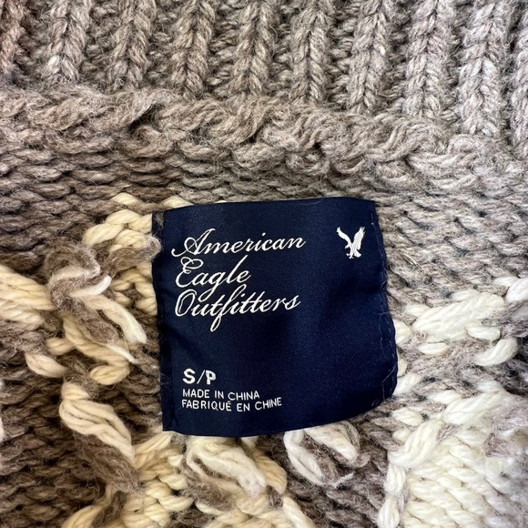 Y2K American Eagle Knit Cardigan Sweater Shawl Collar Toggle Button Tan Cream SP - Picture 5 of 16